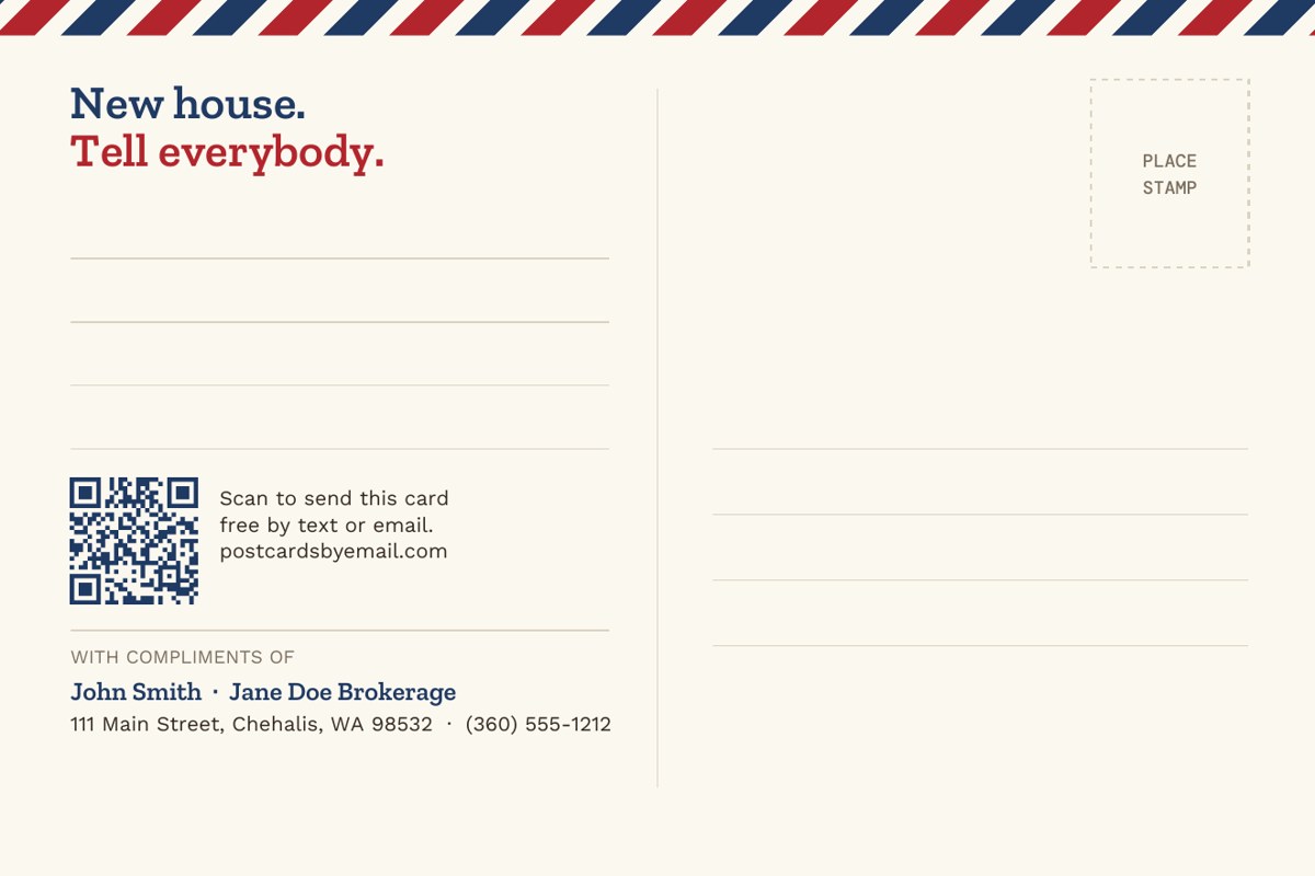 The back of a Closing Card: room for a handwritten note, a stamp box and address lines, a QR code, and the agent's name, brokerage, address and phone at the bottom